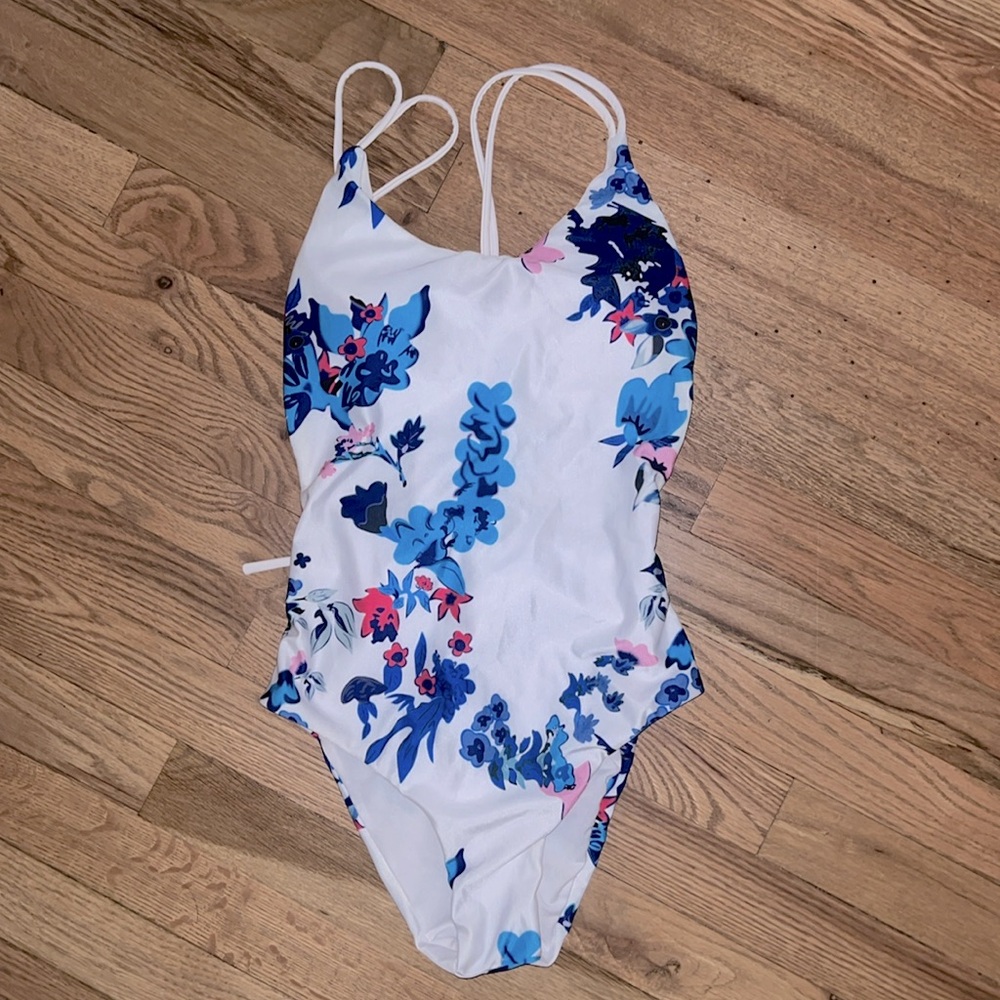 Blue Floral One Piece Bathing Suit Size Small